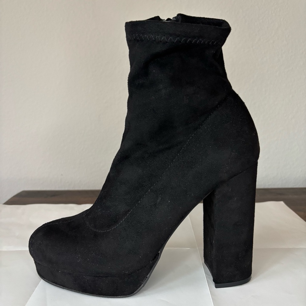 Black Suede Platform Ankle Boots Chunky Heel Size 6